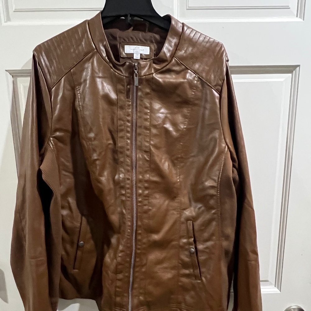 New New Directions Brown Leather Jacket Full Zip Stretch Size 2xl